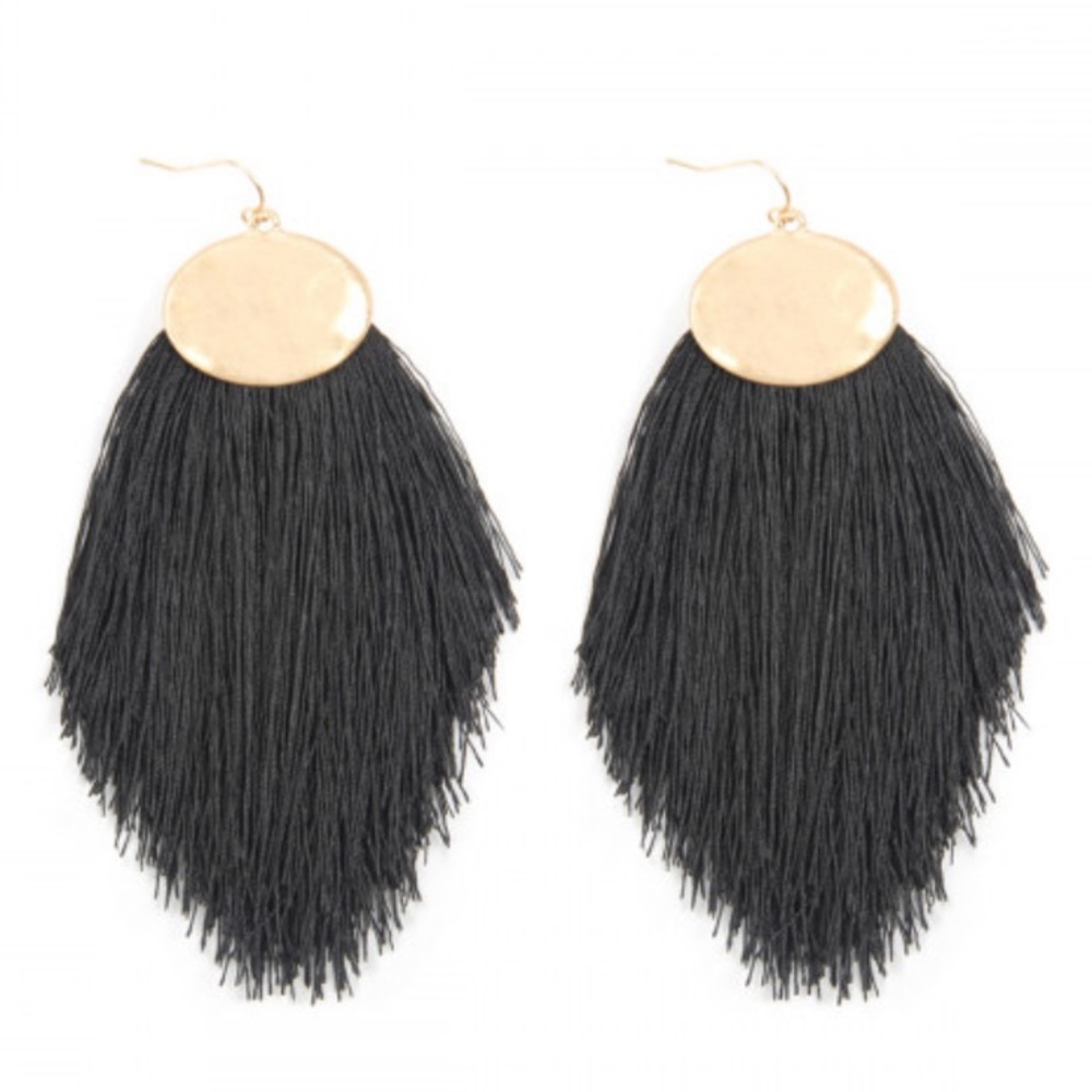 BOHEMIAN THREAD TASSEL HOOK DROP EARRINGS - BLACK - Picture 2 of 4